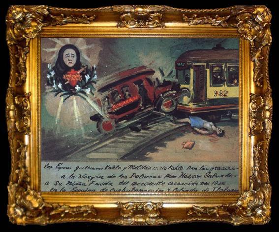 framed  Frida Kahlo Frida reworked a retablo she had found by repainting the victims face to resemble her own and writing the micacle performed on the scroll beneath the, ta009-2